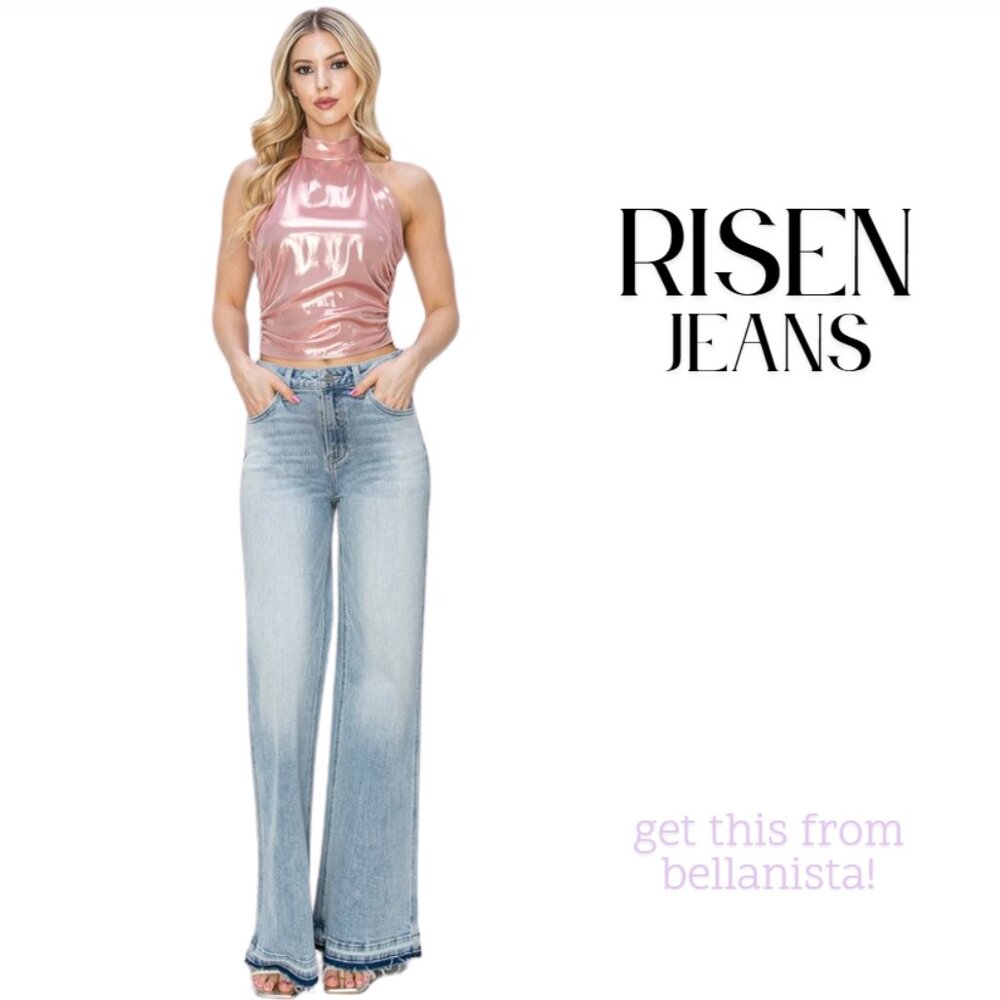 5353 RISEN Mid-High Rise Wide Leg Shadow Hem Stretch Jeans Tall Lon